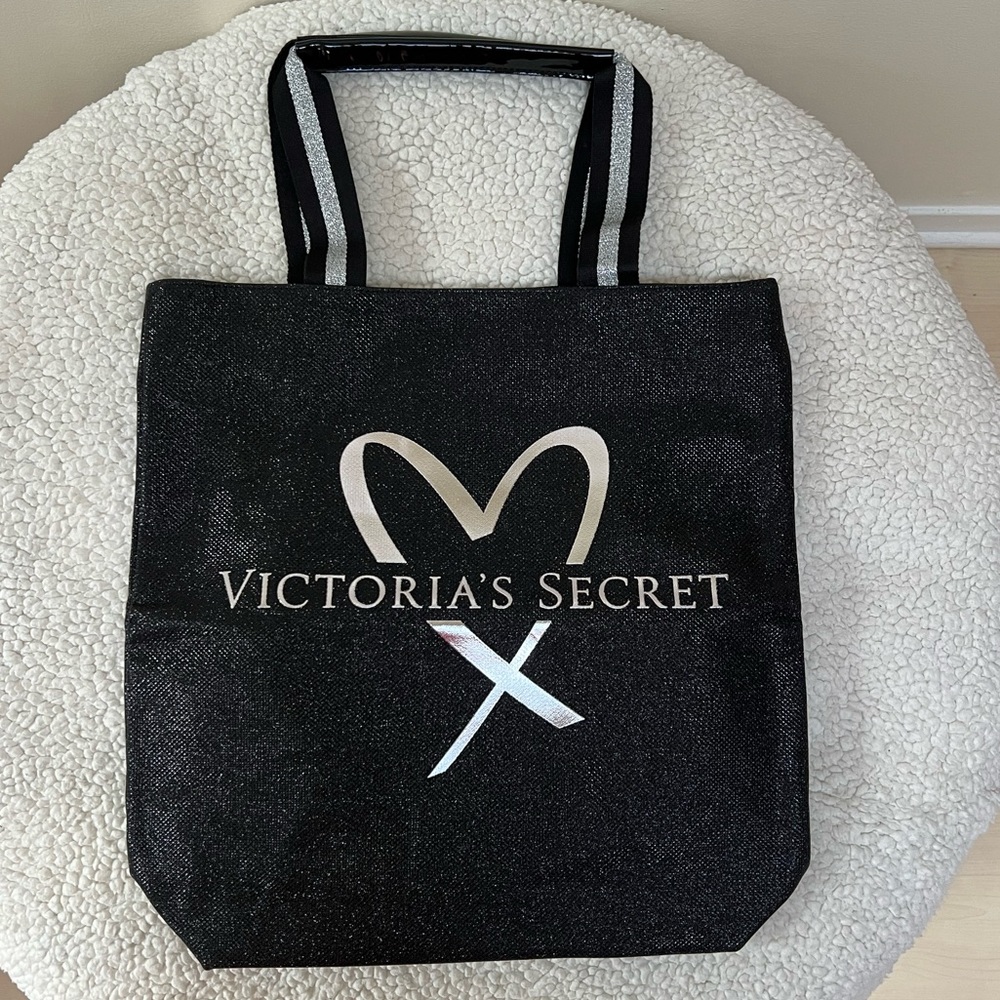 Victoria's Secret Glamour Glitter Bling Black Tote Bag with Silver Heart VS Logo